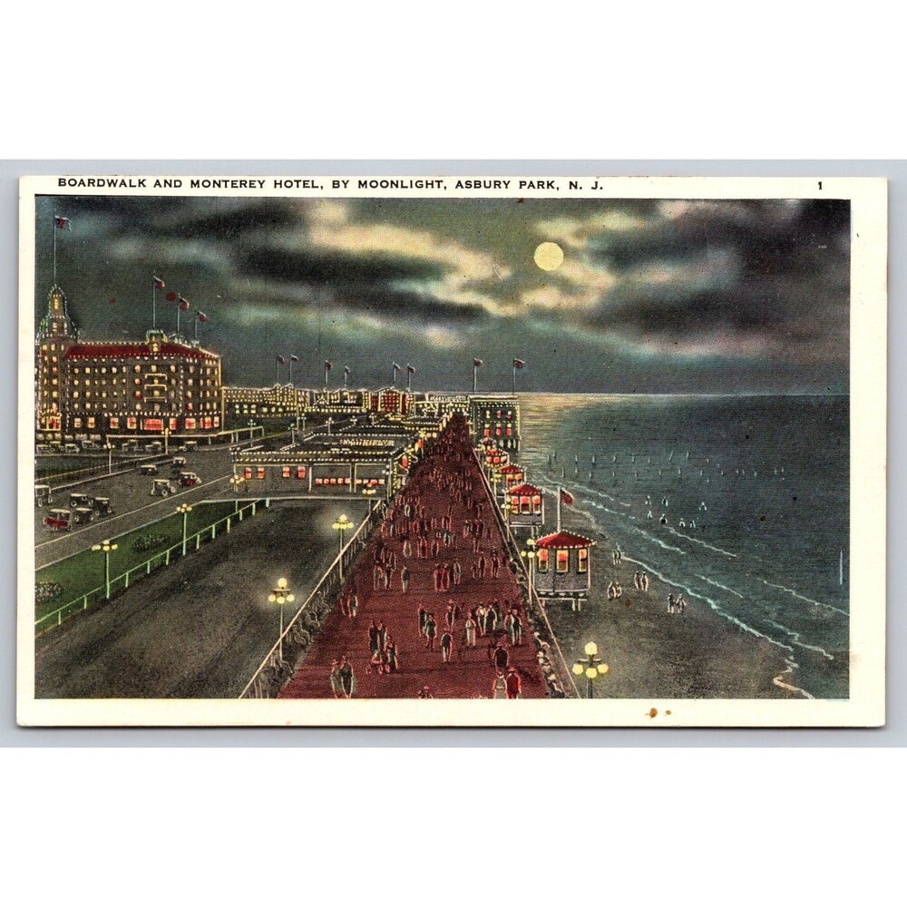 Postcard New Jersey Asbury Park Boardwalk Monterey Hotel by Moonlight Full Moon